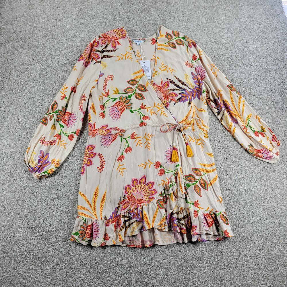 Blue Island Beach Wrap Dress M Cream‎ Red Floral Ruffle Hem Tie Waist New